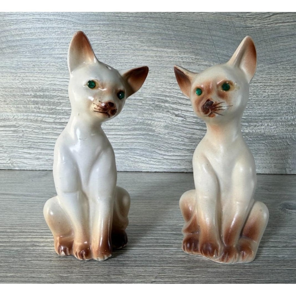Vtg Salt & Pepper Shakers Siamese Cat Green Rhinestone Eyes W/Stoppers Japan